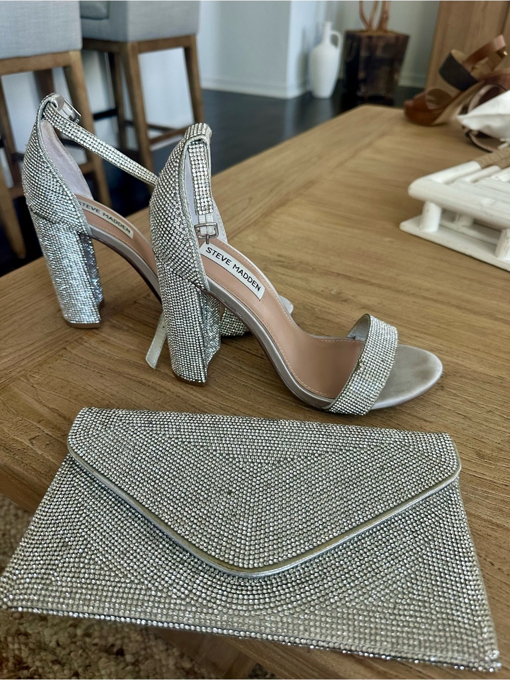 Steve Madden Silver Crystal Embellished Block Heel Sandals with Matching Clutch